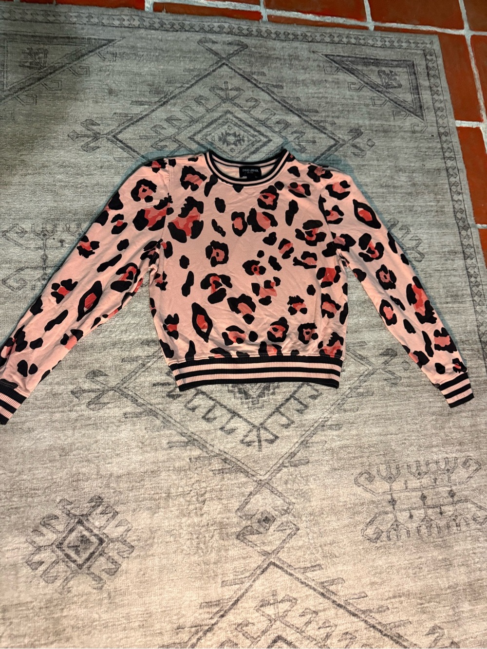 David Lerner Pink Leopard Crewneck Sweater with Black Trim